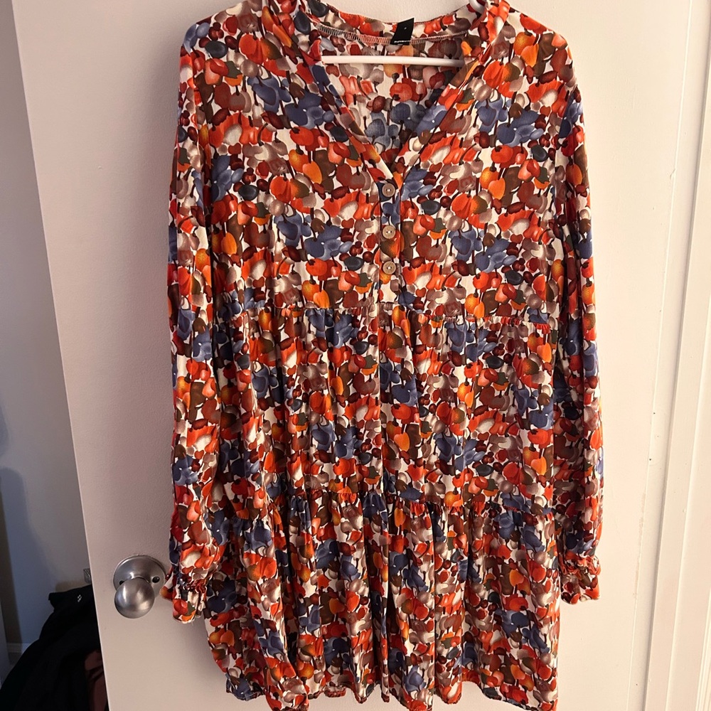 SHEIN Orange, Blue & Brown Floral Tiered Long-Sleeve Tunic